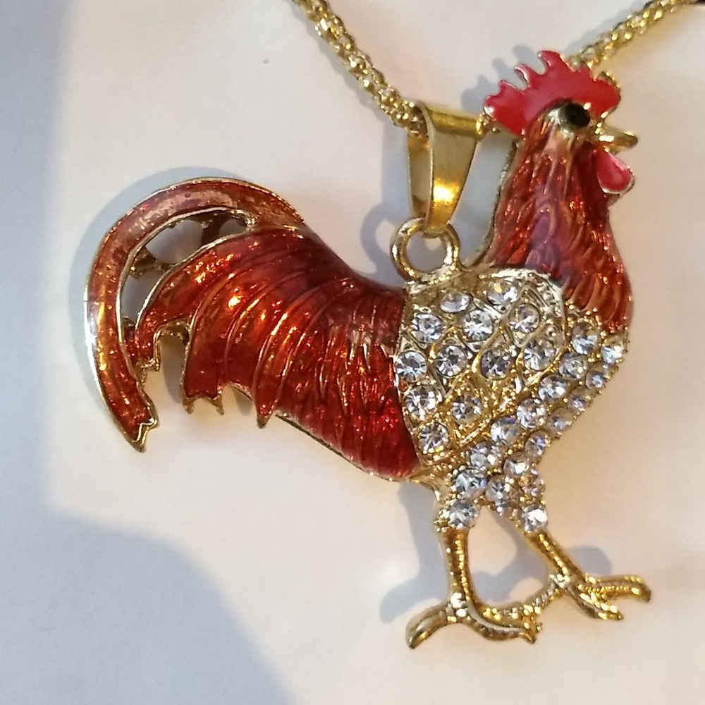 White Crystal and Red Enamel Rooster Pendant Necklace - Picture 7 of 7